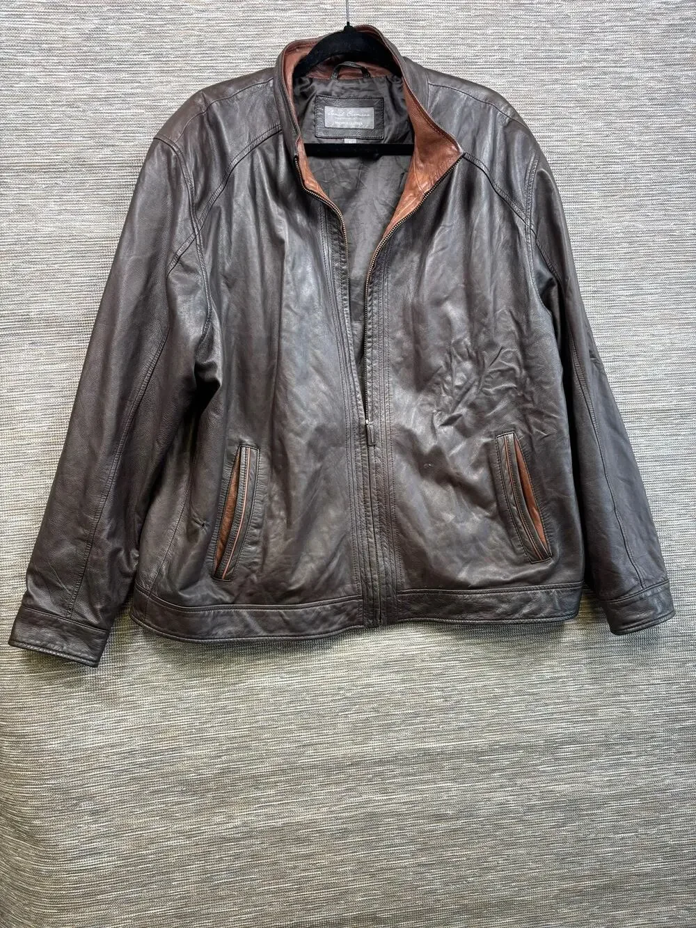 Daniel Cremieux Jacket Mens XL Brown Leather Bomber Full Zip Stand Collar Lined